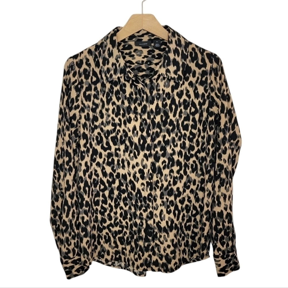 Halogen Tan Black Leopard Animal Print Long Sleeve Blouse Size Medium